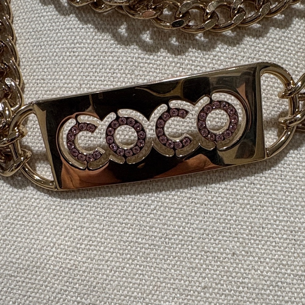 CHANEL Gold Necklace with Pink Rhinestone COCO Tag - Picture 2 of 14